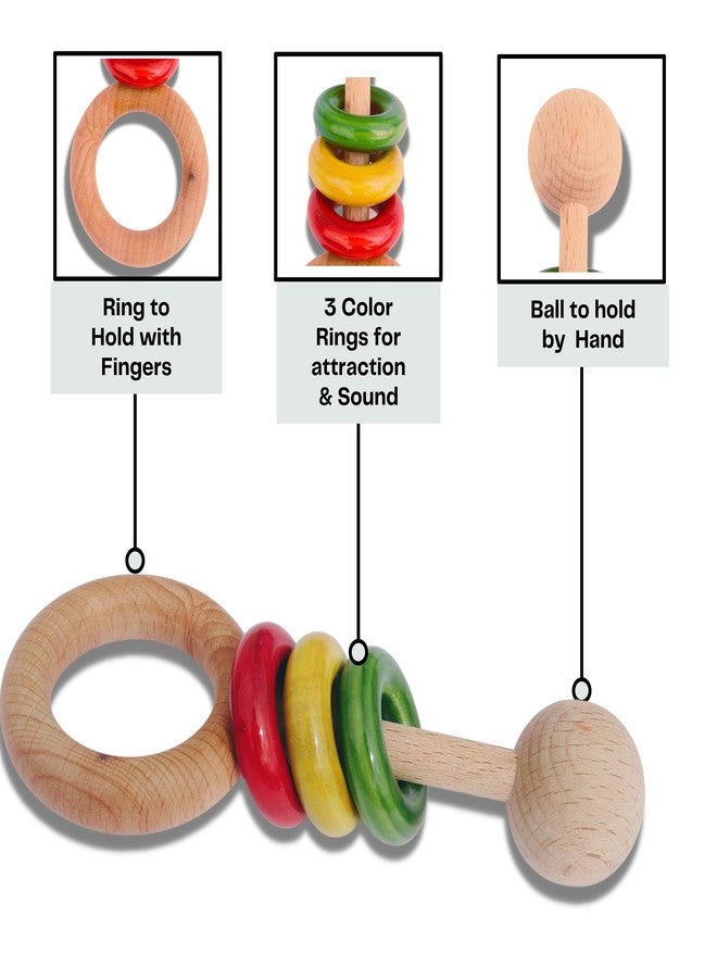 Gift Equals Love Wooden Hand Crafted Rattle for Kids, Babies, Infants, Non Toxic Finished Natural Beech & Ivory Wood- Multi Color Perfect Montessori Grasping Early Development Toy (3 Rings) - Image 3